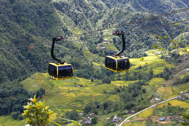 cáp treo Fansipan Sapa với khung cảnh từ trên cao, chiêm ngưỡng vẻ đẹp ngút ngàn của vùng núi Tây Bắc